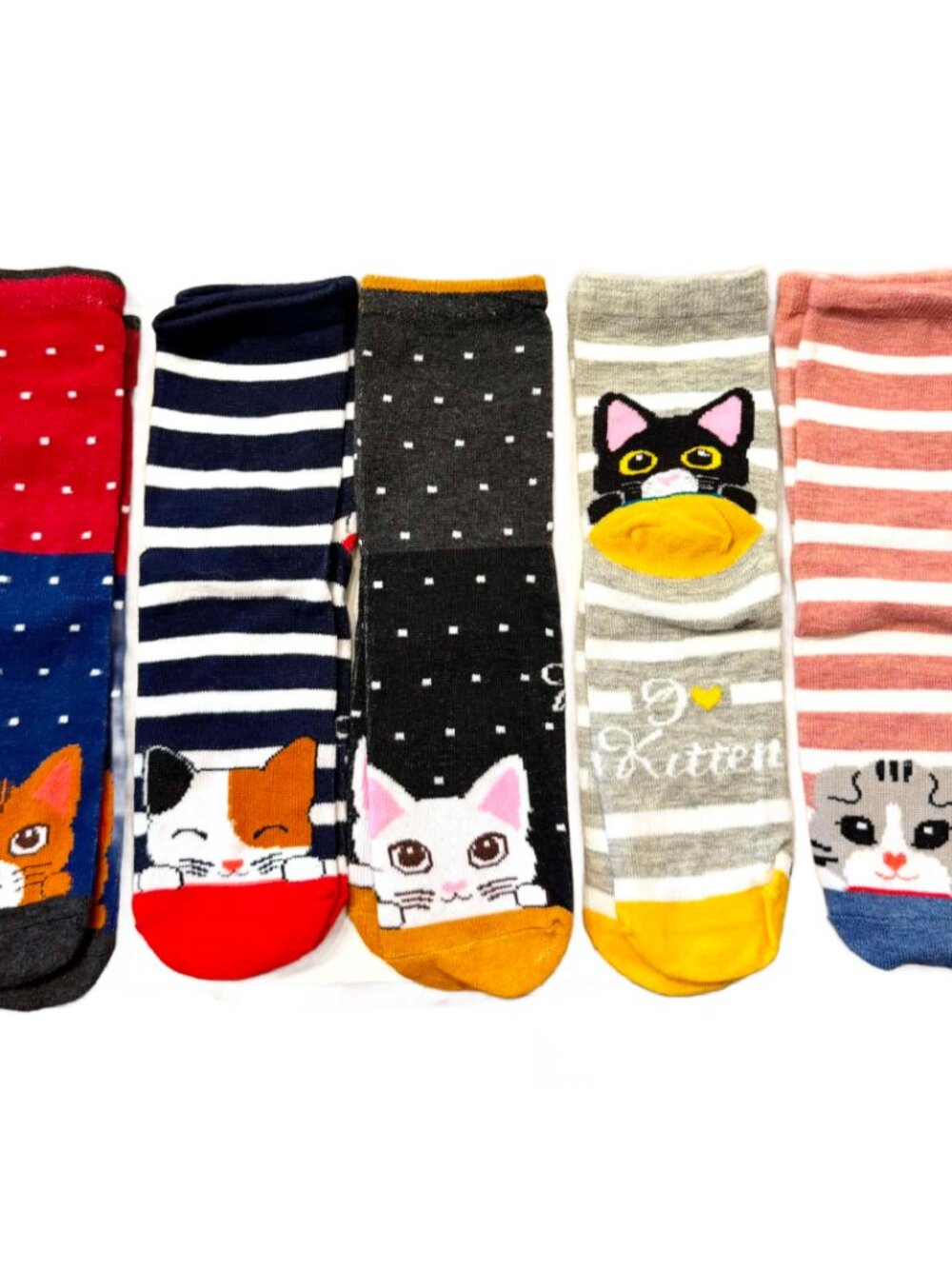 5 Pair Women’s Cute Cat Crew Socks Set Striped Polka Dot Kitty Novelty Socks NEW